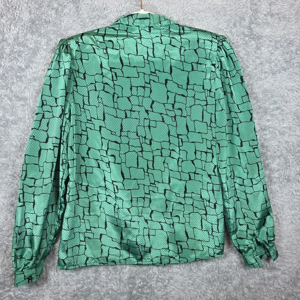 Vtg 80s Green Black Chiffon Top Willow Ridge Button Front High Neck Textured Dot - Picture 9 of 9
